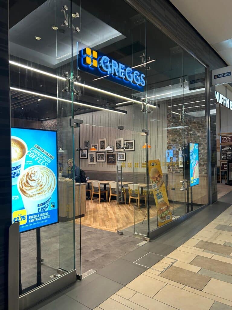 Greggs bakery shop front in a mall